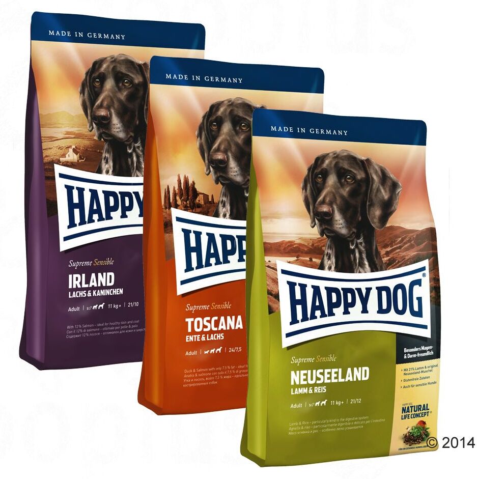 Happy Dog Supreme Sensible 3x 4kg "Kulinarische Weltreise" Toscana, Neuseeland, Irland Happy Dog Supreme Sensible Trockenfutter für Hunde