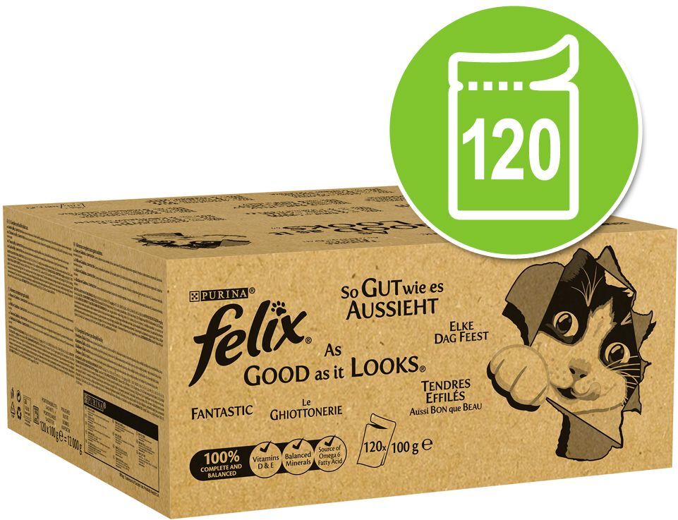 Felix 120x 85g "So gut wie es aussieht" Doppelt lecker (Rind & Geflügel, Truthahn & Leber, Huhn & Niere, Ente & Lamm) Felix Nassfutter für Katzen