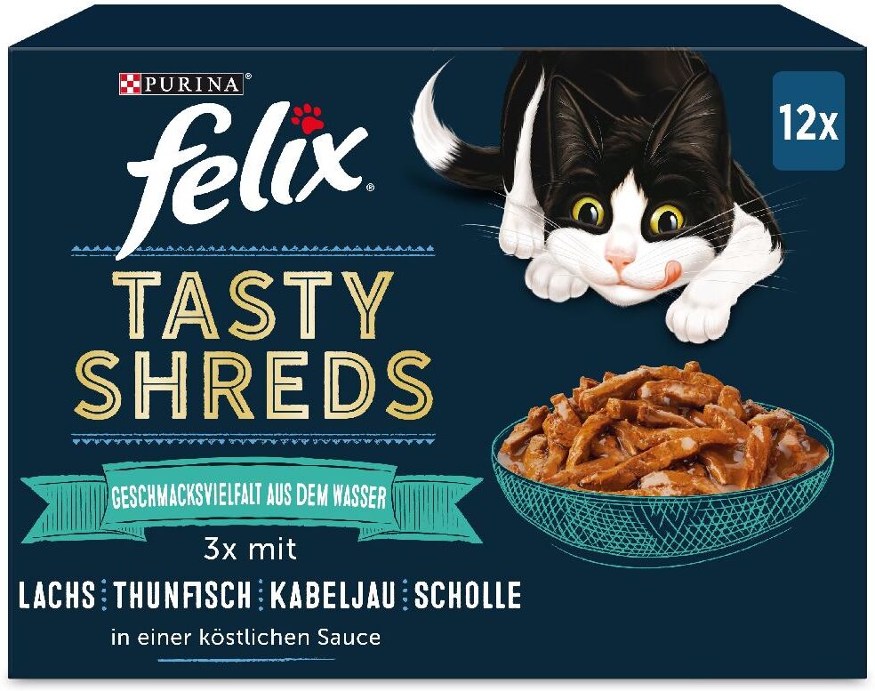 Felix 12x80g Felix Tasty Shreds Geschmacksvielfalt aus dem Wasser (Lachs, Kabeljau, Thunfisch, Scholle) Katzenfutter nass