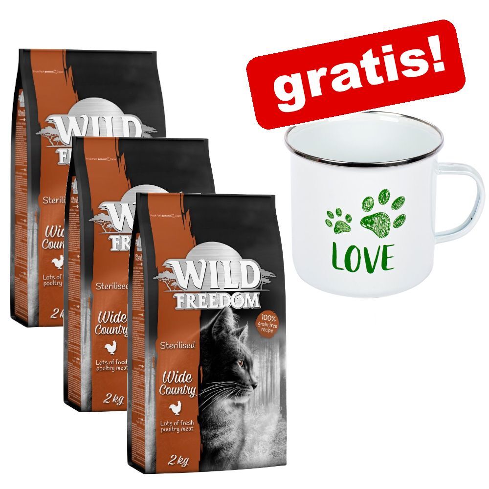 Wild Freedom 3x 2kg Sterilised Wide Country Geflügel Wild Freedom Katzenfutter Trocken + zooplus Emaille-Tasse gratis!