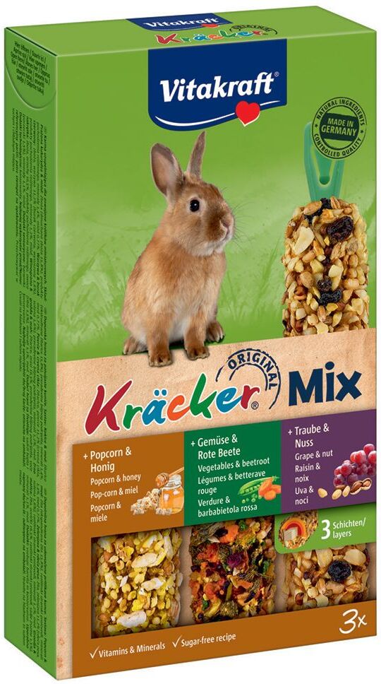 Vitakraft Zwergkaninchen-Kräcker Trio-Mix - 3 x 3er Kombi (Popcorn, Gemüse, Traube)