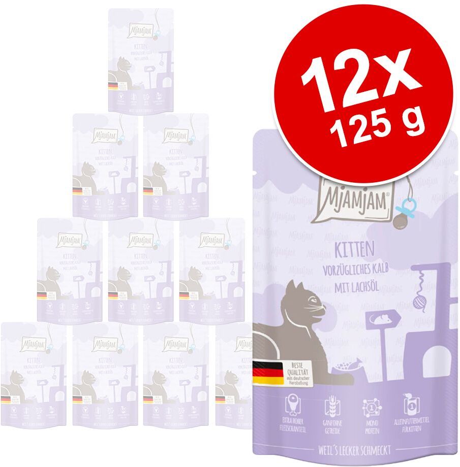 MjAMjAM 12x 125g Quetschie Kitten gute Pute mit Lachsöl MjAMjAM Nassfutter für Katzen