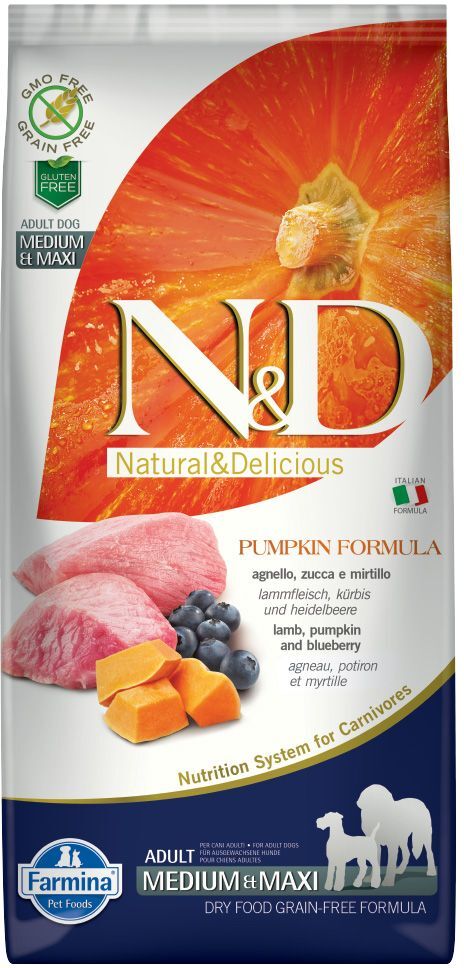 N&D Grain Free Dog 12kg N&D getreidefrei Kürbis Adult Medium & Maxi mit Lamm & Heidelbeere Farmina Trockenfutter für Hunde