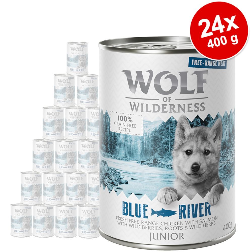 Wolf of Wilderness 24x 400g unior Mix: Freiland-Huhn & Lachs, Freiland-Ente & Freiland-Kalb Wolf of Wilderness Hundefutter Nass