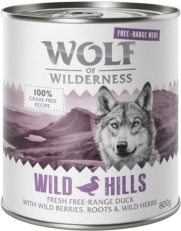 Wolf of Wilderness 6x 800g Freiland-Fleisch: Wild Hills - Ente Wolf of Wilderness getreidefreies Nassfutter für Hunde