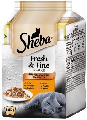 Sheba 6x 50g Fresh & Fine Frischebeutel Huhn & Truthahn in Sauce Sheba Nassfutter für Katzen