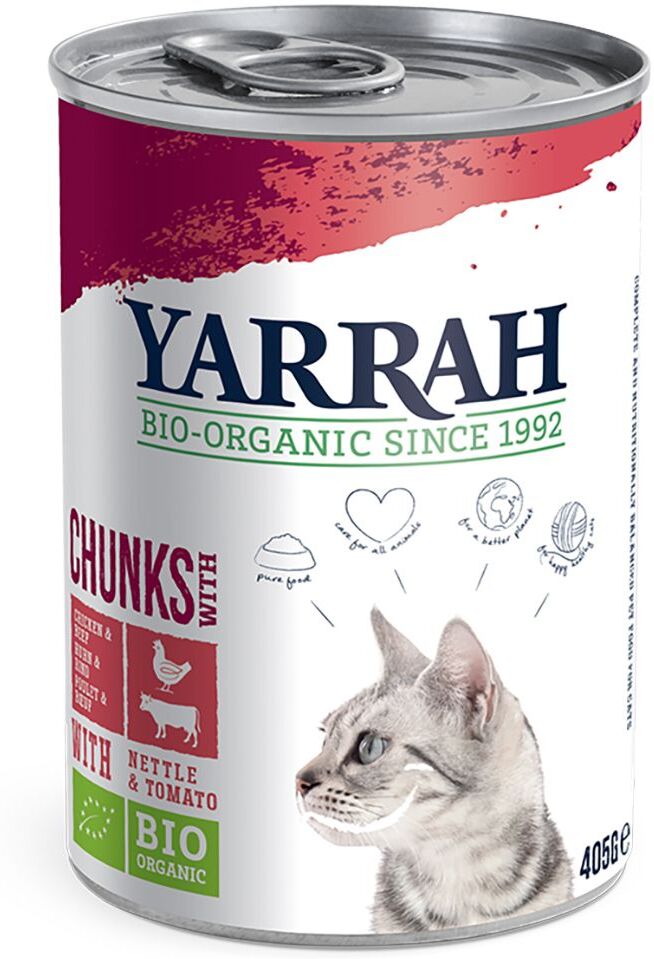 Yarrah 405g Bio Chunks Bio Huhn & Bio Rind mit Bio Brennnesseln & Bio Tomaten Yarrah Katzenfutter nass