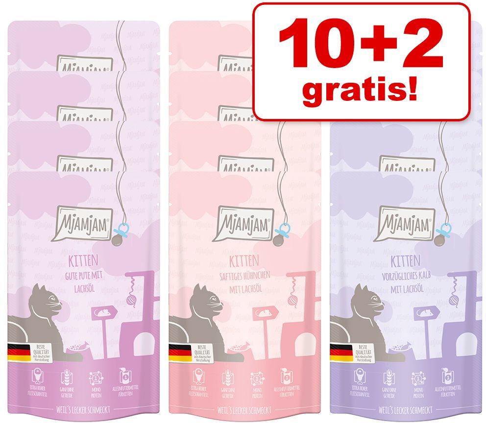 MjAMjAM 12x 125g Kitten Mix (3 Sorten) MjAMjAM Katzenfutter nass - 10+2 gratis!