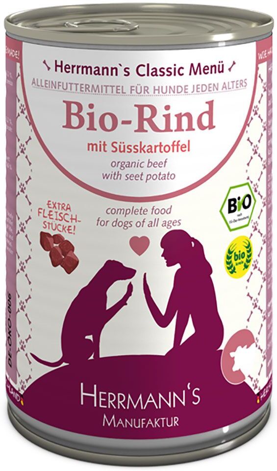 Herrmanns 6x 400g Bio Menü getreidefrei Bio Rind mit Bio Süsskartoffel Herrmanns Nassfutter für Hunde