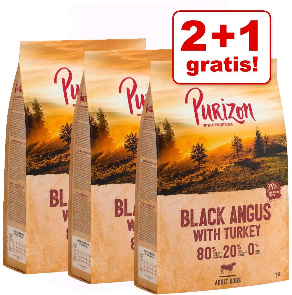 Purizon 3x 1kg Adult Black-Angus-Rind mit Truthahn Purizon Hundefutter Trocken - 2 + 1 gratis!