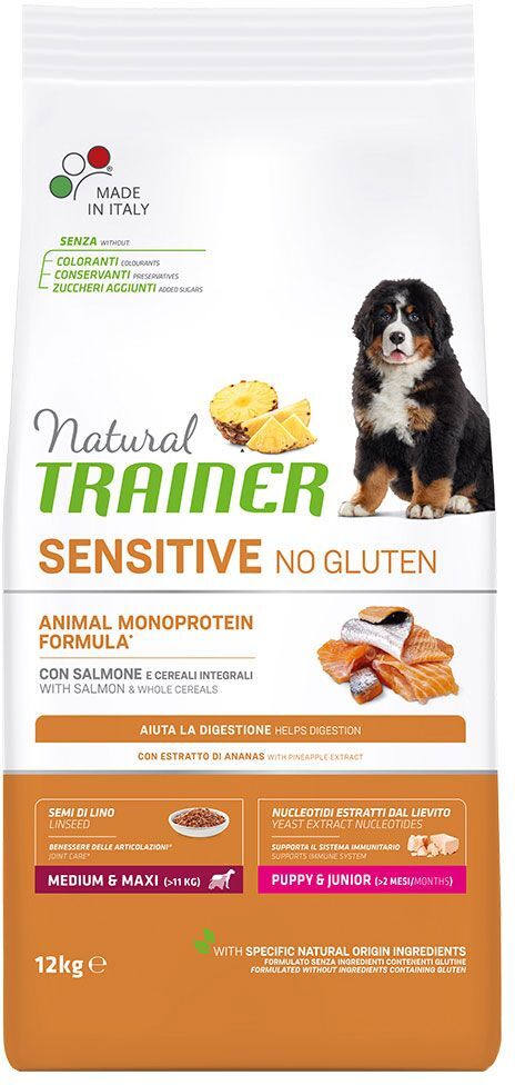 Trainer Natural Sensitive 12kg Sensitive No Gluten Puppy & Junior Medium/Maxi mit Lachs Trainer Natural Trockenfutter für Hunde