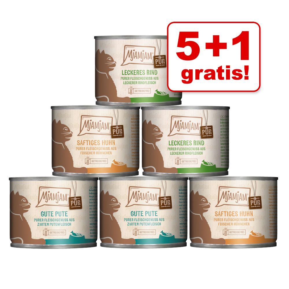 MjAMjAM 6x 200g Fleischgenuss Mix (3 Sorten) MjAMjAM Katzenfutter nass - 5+1 gratis!