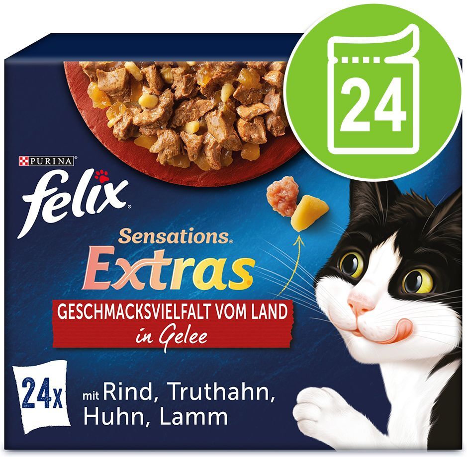 Felix 24x 85g Felix "Sensations Extras" Rind, Truthahn, Huhn, Lamm Katzenfutter Nass