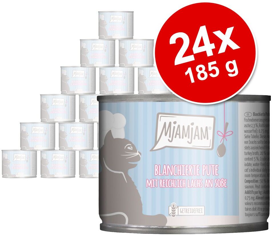 MjAMjAM 24x 185g an Sosse blanchierte Pute mit Muscheln MjAMjAM Nassfutter für Katzen