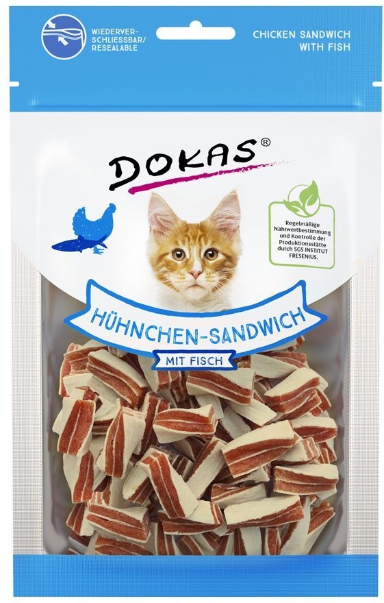 Dokas 3 x 70g Kausnack Hühnchen-Fisch Sandwich Dokas Katzensnacks