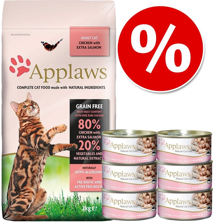 Applaws 2kg + 6x 156g Adult Huhn & Lachs +  Thunfischfilet & Garnele Applaws Trockenfutter für Katzen