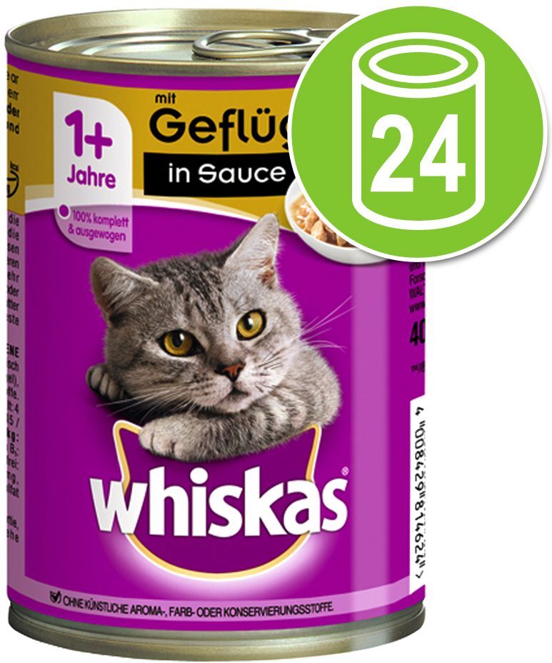 Whiskas 24x 400g 1+ Dosen Mix Geflügel in Sauce + Huhn in Gelee Whiskas Nassfutter für Katzen