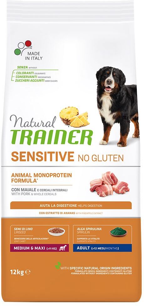 Trainer Natural Sensitive 12kg Sensitive No Gluten Adult Medium/Maxi mit Schwein Trainer Natural Trockenfutter für Hunde