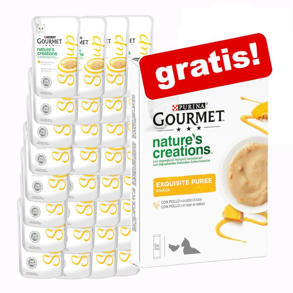 Gourmet 32x40g Huhn Soup Gourmet Katzennassfutter + 5x10g Nature's Creations Gourmet Katzensnacks zum Sonderpreis!