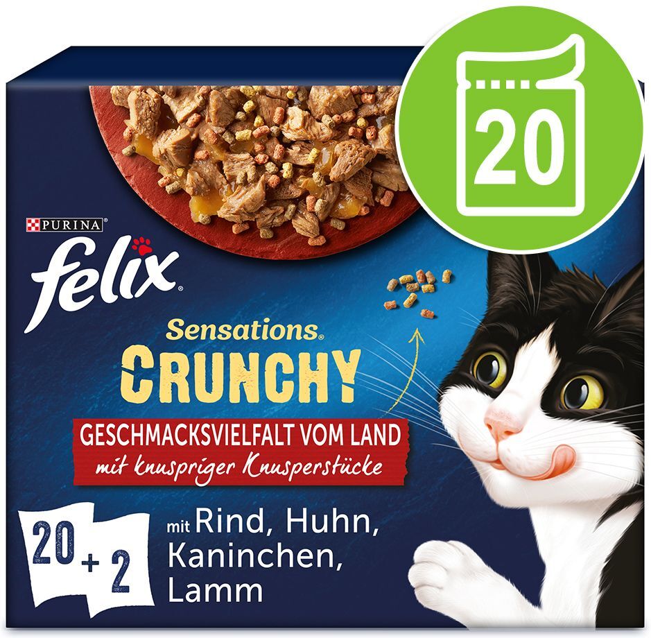 Felix 20 x 85g Felix "Sensations Crunchy" 20 x 85 g Pouches + 80 g Topping - Huhn, Rind, Kaninchen, Lamm Felix Katzenfutter nass