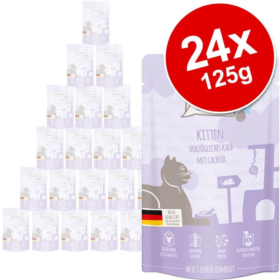 MjAMjAM 24x 125g Quetschie Kitten saftiges Hühnchen mit Lachsöl MjAMjAM Nassfutter für Katzen