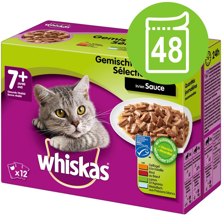 Whiskas 48x 100g 7+ Senior Frischebeutel Gemischte Auswahl in Sauce Whiskas Nassfutter für Katzen