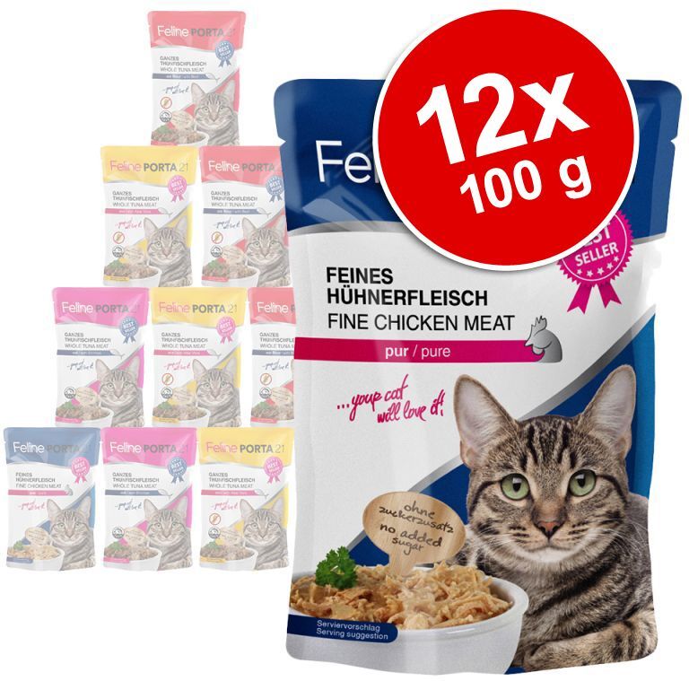 Porta 21 12x 100g Feline Frischebeutel Thunfisch mit Rind Porta 21 Nassfutter für Katzen