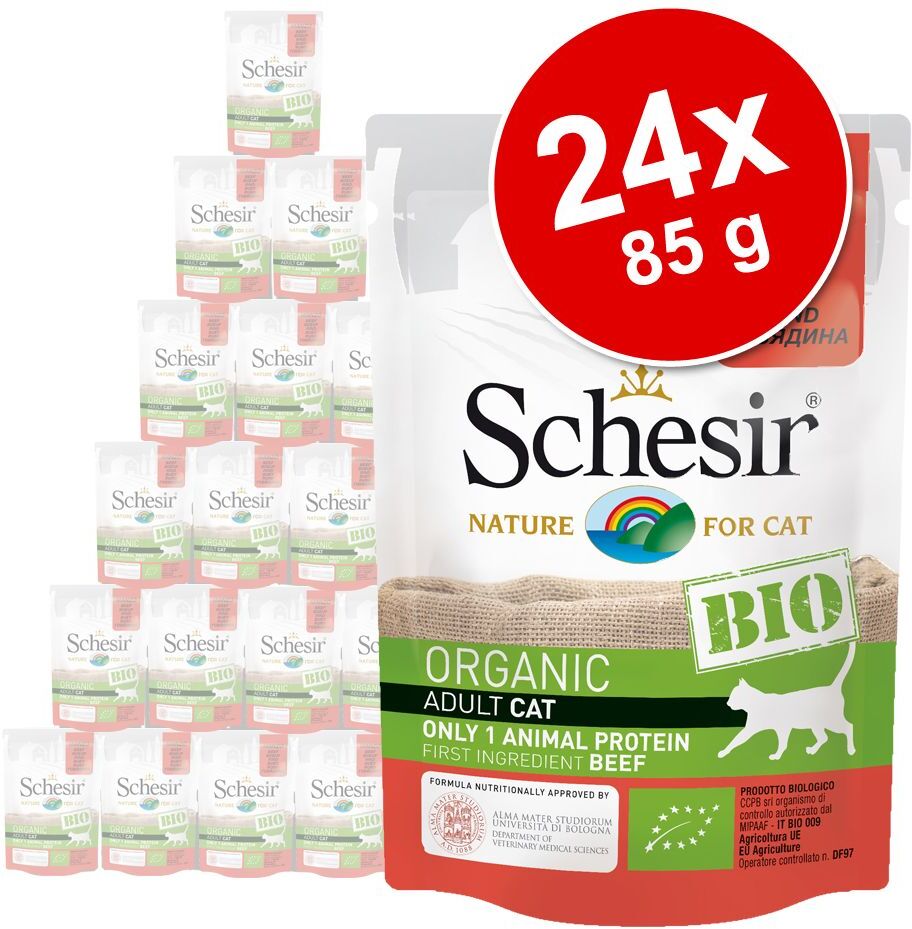 Schesir 24x 85g Bio Pouch Rind mit Huhn und Apfel Schesir Katzenfutter Nass