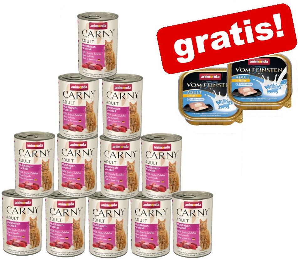 Animonda Carny 12x400g Carny Adult Rind & Reh mit Preiselbeeren Animonda Katzenfutter Nass + 2x100g Vom Feinsten Adult Milkies Animonda Nassfutter gratis!