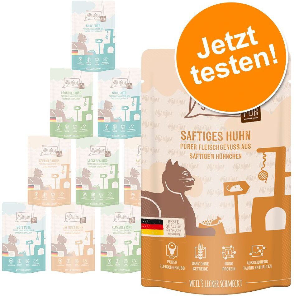 MjAMjAM 12x 125g Mixpack purer Fleischgenuss Mix (3 Sorten) MjAMjAM Nassfutter für Katzen