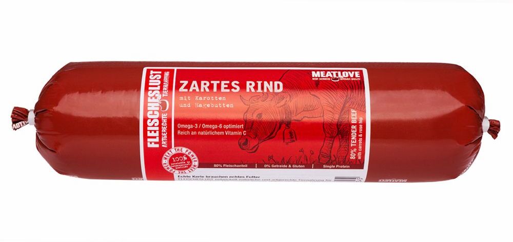 Fleischeslust 6x 800g Getreidefrei Zartes Rind mit Karotten & Hagebutten Fleischeslust Nassfutter für Hunde