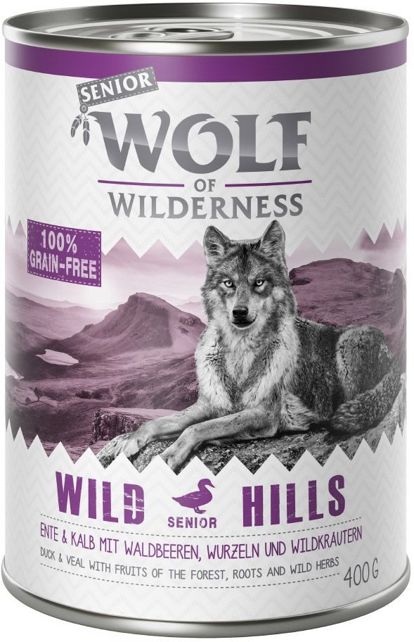 Wolf of Wilderness 6x 400g Senior Wild Hills Ente & Kalb Wolf of Wilderness Nassfutter für Hunde