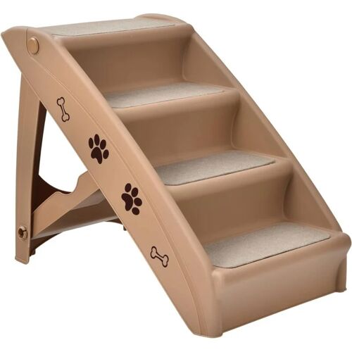 COSTWAY Rutschfeste Hundetreppe klappbar mit Halterung 4-stufen, Haustiertreppe Katzentreppe mit Teppichboden 62,5 x 39 x 49cm Braun – Costway