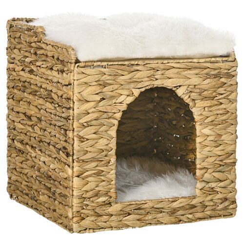 PawHut Rattan Katzenhaus, Katzenhöhle mit Kissen, Katzenhütte mit 2 Ebenen, Katzenbett, Katzenkorb für Katzen bis 5 kg, Wasserhyazinthengras, Braun