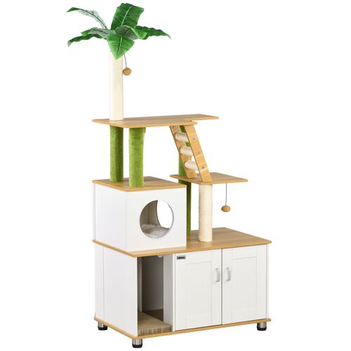 PawHut Kratzbaum mit Katzenklo-Schrank, 2-in-1 Katzenbaum, 160 cm, mit Katzenhaus, Treppe, Kratzstamm, Spielball, Kratzmöbel mit großer Plattform, Eiche