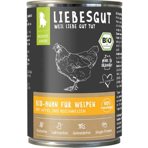 Liebesgut Hundenassfutter Junior Bio Huhn mit Apfel und Buchweizen 400g