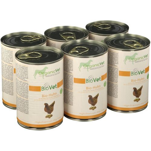 OrganicVet Hund Nassfutter Biovet Bio-Huhn mit Bio-Reis, Bio-Zucchini & Bio-Kürbis 6x400 g