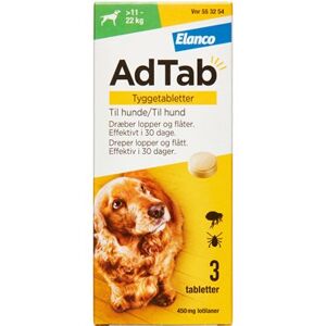AdTab til hunde >11-22 kg 450 mg (Håndkøb, apoteksforbeholdt) 3 stk Tyggetabletter - Flåtmiddel - Loppemiddel