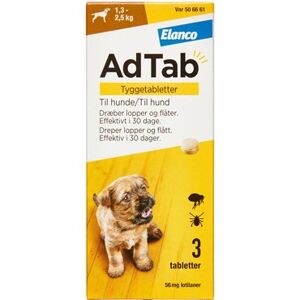 AdTab til hunde 1.3-2.5 kg 56 mg (Håndkøb, apoteksforbeholdt) 3 stk Tyggetabletter - Flåtmiddel - Loppemiddel