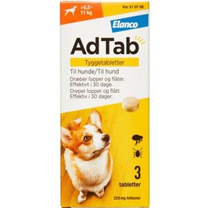 AdTab til hunde >5.5-11 kg 225 mg (Håndkøb, apoteksforbeholdt) 3 stk Tyggetabletter - Flåtmiddel - Loppemiddel