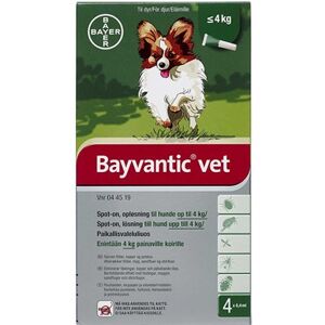 Bayer ah (dk) Bayvantic Vet., hunde max 4 kg 500 + 100 mg/ml 1,6 ml Spot-on, opløsning - Flåtmiddel - Loppemiddel