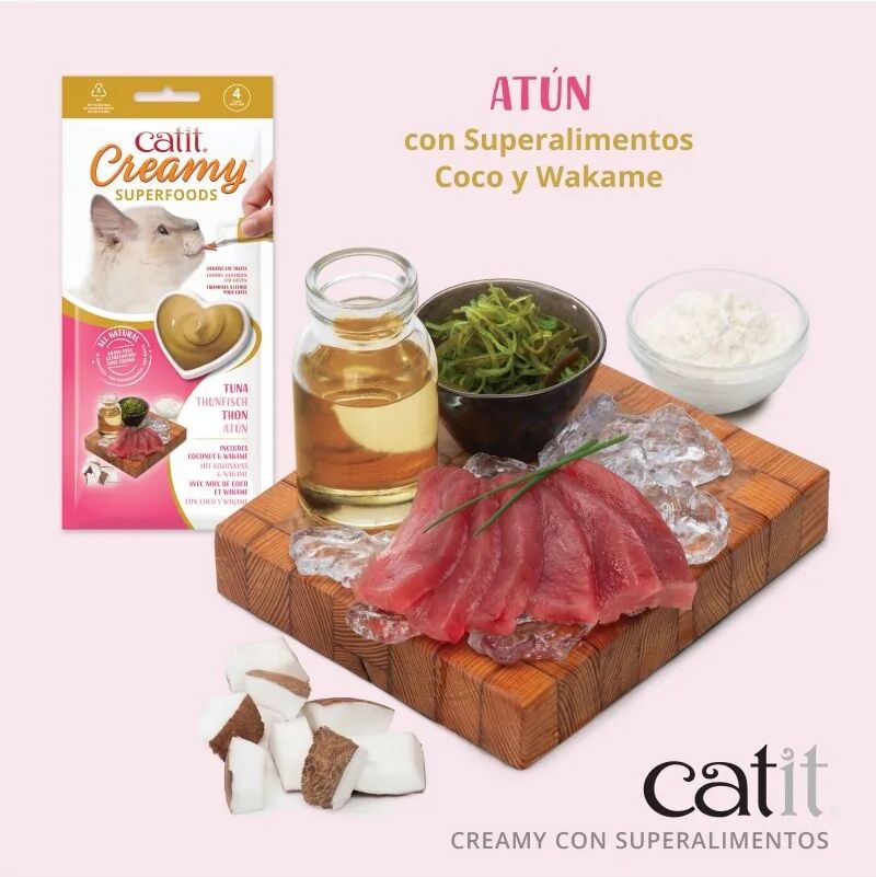 Comida Húmeda Gatos Catit Creamy Superfood Atún Coco Wakame 4x10g Atún,Coco - CATIT