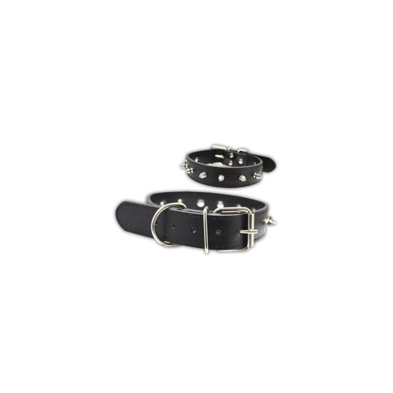 Complementos Collar En Cuero Negro Con Placa Y Picos En Metal (3,5x65cm)