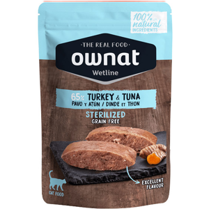 Ownat Grain Free Aliments Humides Chat Stérilisé 65% Dinde et Thon Sachet 85gr - Publicité