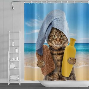 Heytea - 90x183cm Chat De Bain Rideau De Douche Animal Drle Mignonne Chaton avec Jouets De Canard De Serviette Rideau De Douche pour Salle De Bain - Publicité