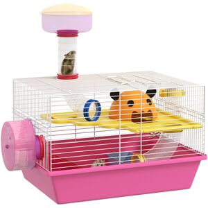 PawHut Cage à hamster rat rongeur - plateforme, biberon eau, roue, maisonnette, tubes - acier blanc pp rose - Rose - Publicité