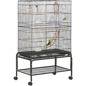 - Cage à oiseaux sur roulettes - étagère, plateau déjection, 3 perchoirs, 4 mangeoirs, 2 portes, 8 trappes, accessoires - acier noir