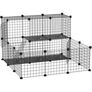 PawHut Cage parc enclos rongeurs modulable dim. L 105 x l 105 x H 70 cm 2 niveaux 2 portes rampe résine PP fil métallique noir - Publicité