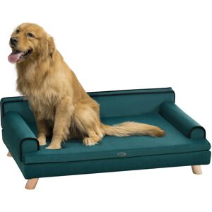 - Canapé chien lit pour chien chat avec accoudoirs dossier coussin déhoussable pieds bois velours bleu canard