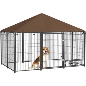 Pawhut - Chenil extérieur couvert pour chien 2 supports gamelles rotatifs porte verouillable acier noir - Marron - Publicité